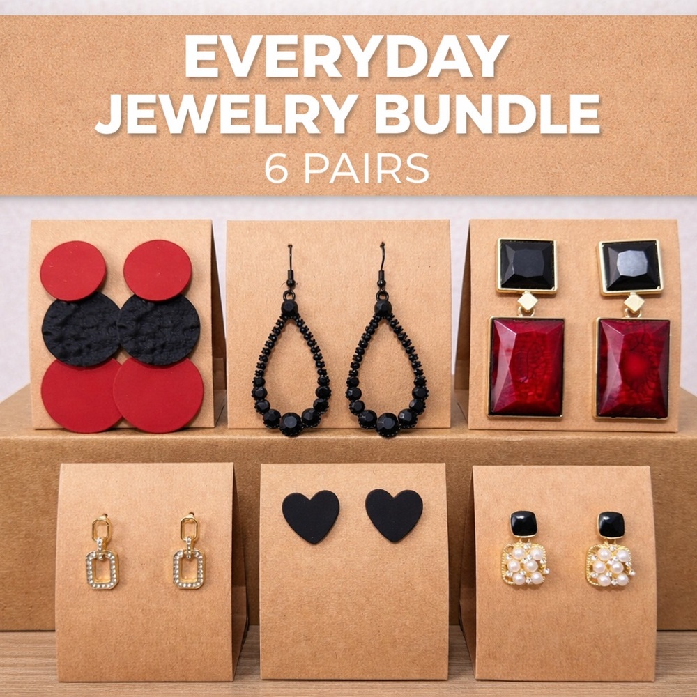 Everyday Earrings Bundle | 6 Pairs Red & Black Statement Fashion Jewelry Lot